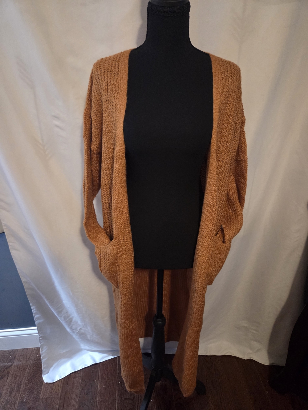 Cozy Long Open-Front Cardigan in Rust